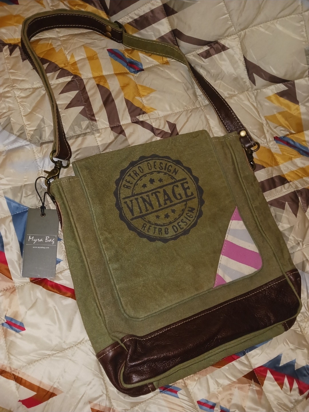 Myra Bag Olive Green Canvas Vintage Stamp Messenger with Brown Trim